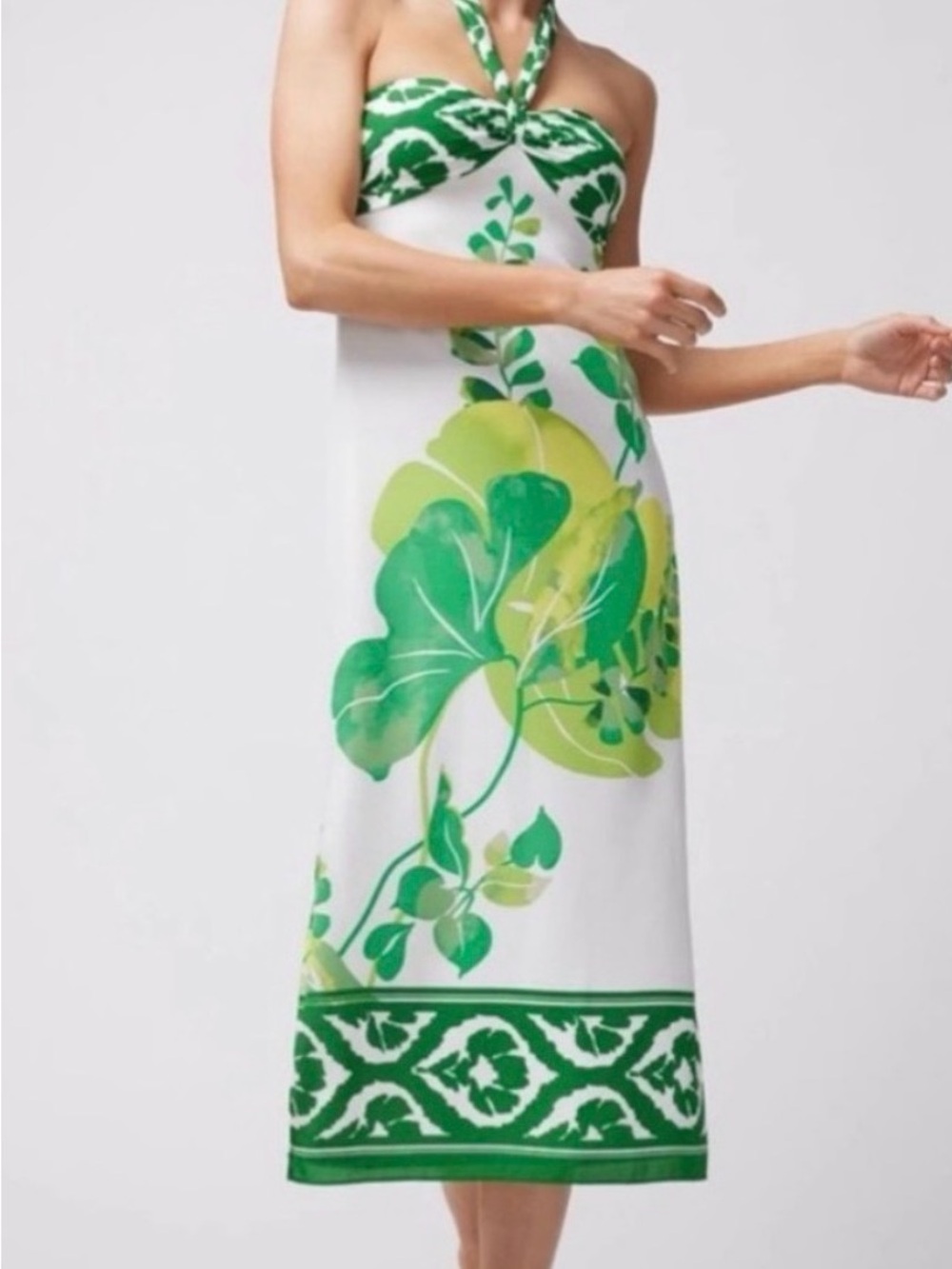 WHBM tie neck halter size midi green and white floral dress size 12P